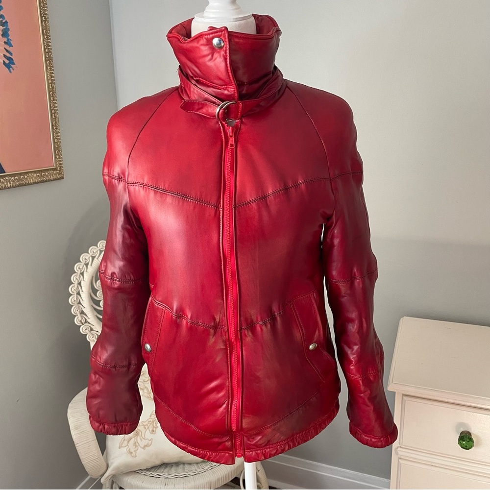 Vintage Red Leather Jacket with High Collar